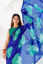 Thumbnail for Vastranavya Royal Blue Floral Print with Lace Border work Chiffon Saree & Unstitched Blouse - Distacart