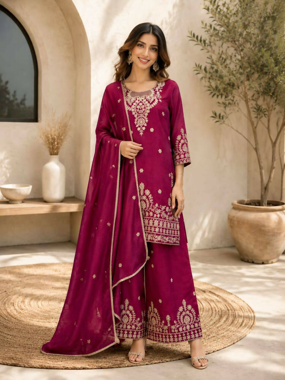 Teeya Creation Wine Embroidered Silk Palazzo Suit With Dupatta - Dista