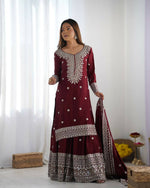 Thumbnail for Joban Fashion Maroon Kurta Set Silk Sequins , Zari, Coding & Thread Embroidered work - Distacart