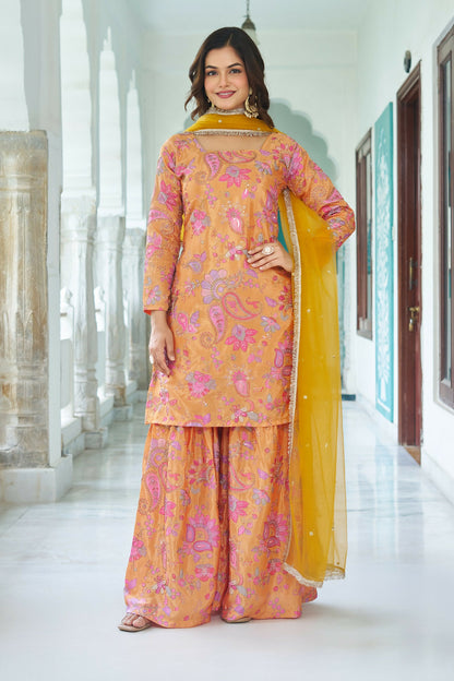 Joban Fashion Yellow Kurta Set Chinnon Embroidery Sequence Work - Distacart