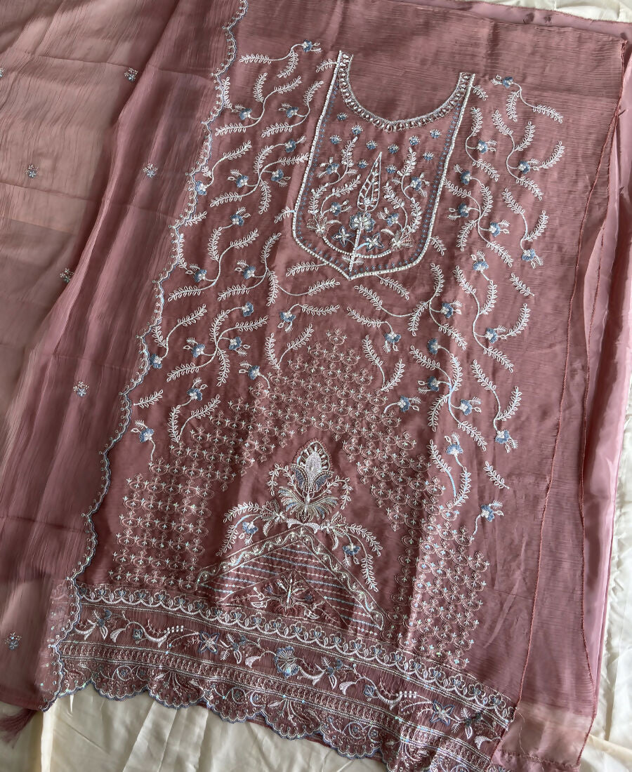 KC Beautiful Peach Chiffon Silk Hand Embroidery Suit For Women - Dista