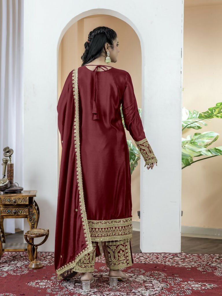 Teeya Creation Maroon Color Chinnon Silk Embroidery Work Fully Stitched Salwar Suit