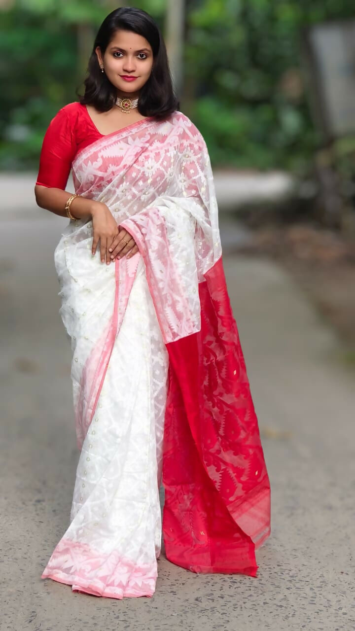 Exclusive Collection White Red White Red Jamdani Saree