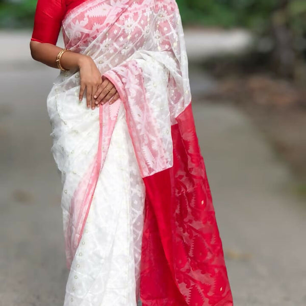 Exclusive Collection White Red White Red Jamdani Saree