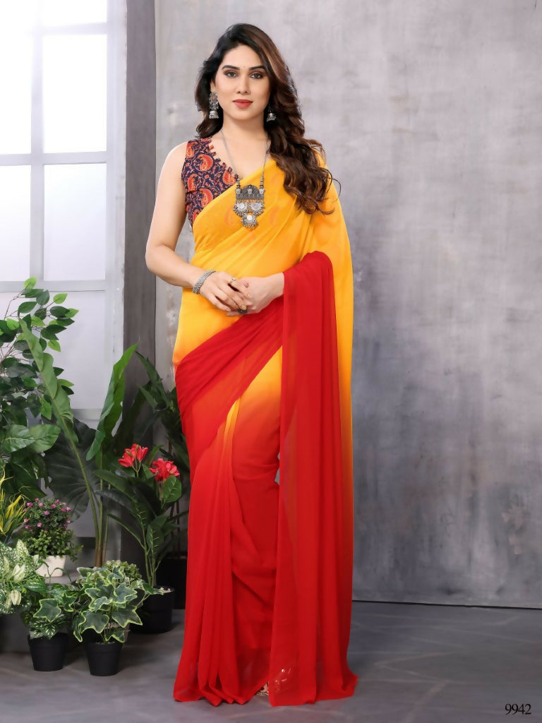 Partywear Designer Yellow & Red Georgette Fancy Saree - Satrangi - Distacart