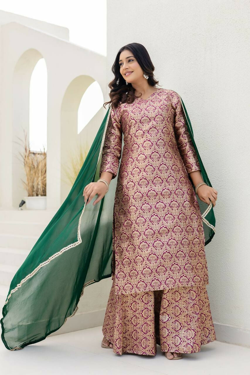 Joban Fashion Peach Jacquard Embroidered Sharara Set - Distacart