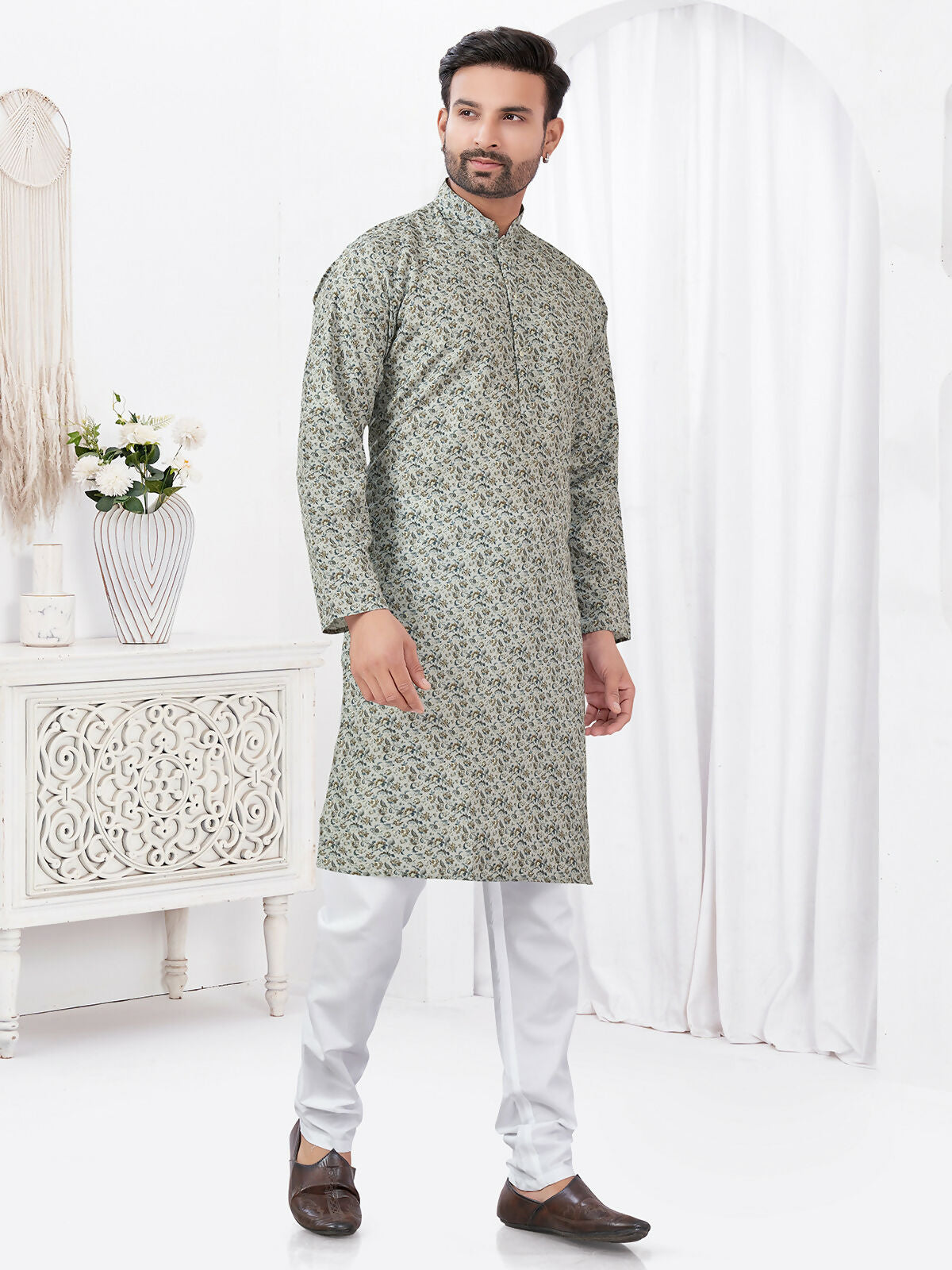 Joban Fashion Men's Rayon Cotton Cream Printed Kurta Pyjama set - Distacart