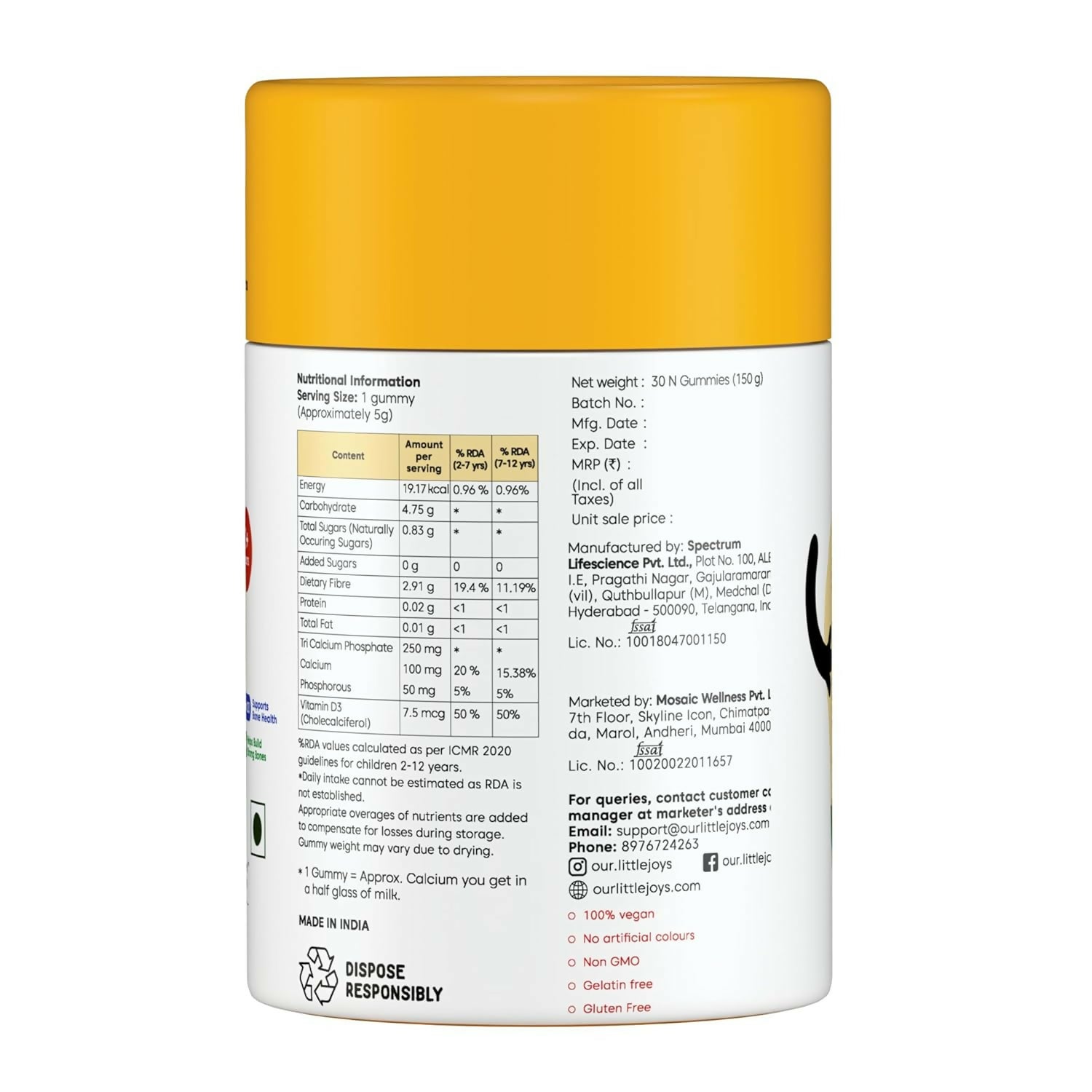 Little Joys Calcium Gummies for Kids (2+ years) -Mango Flavor