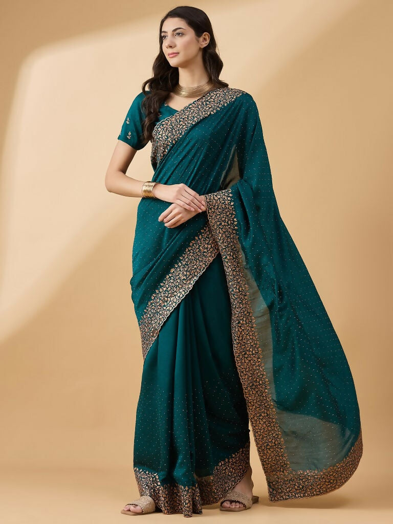 Teal Silk Blend Embroidered Saree with Unstitched Blouse - Vairagi - Distacart
