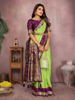 Thumbnail for Aastha Fashion Parrot Green Kalamkari Silk Zari Woven Saree - Distacart