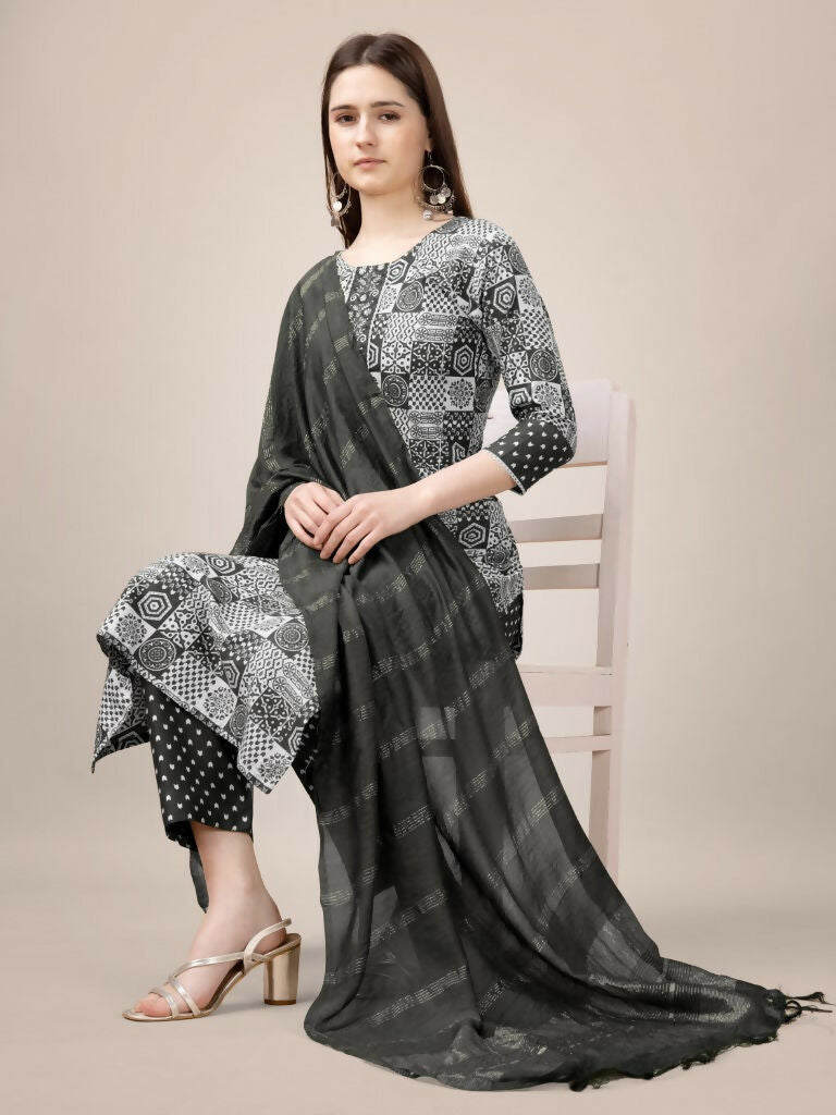 Jyoti Fashion Women's Black Rayon Print with Embroidery & Fancy Lace Work Kurta with Trouser & Dupatta - Distacart