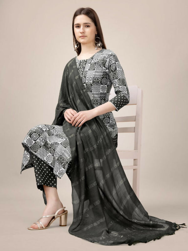 Jyoti Fashion Women's Black Rayon Print with Embroidery & Fancy Lace Work Kurta with Trouser & Dupatta - Distacart