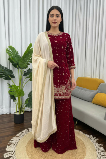Joban Fashion Deep Maroon Velvet Embroidery Kurta Set - Distacart