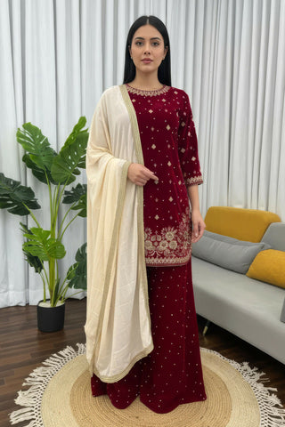 Joban Fashion Deep Maroon Velvet Embroidery Kurta Set