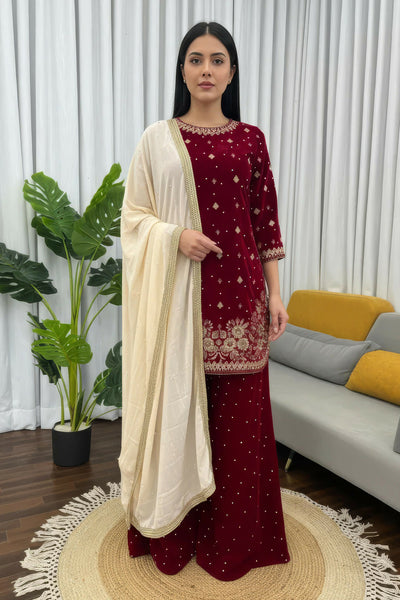 Joban Fashion Deep Maroon Velvet Embroidery Kurta Set