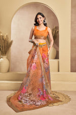 Thumbnail for Vastranavya Orange Digital Printed Linen Ready To Wear Designer Saree with Unstitched Blouse - Distacart