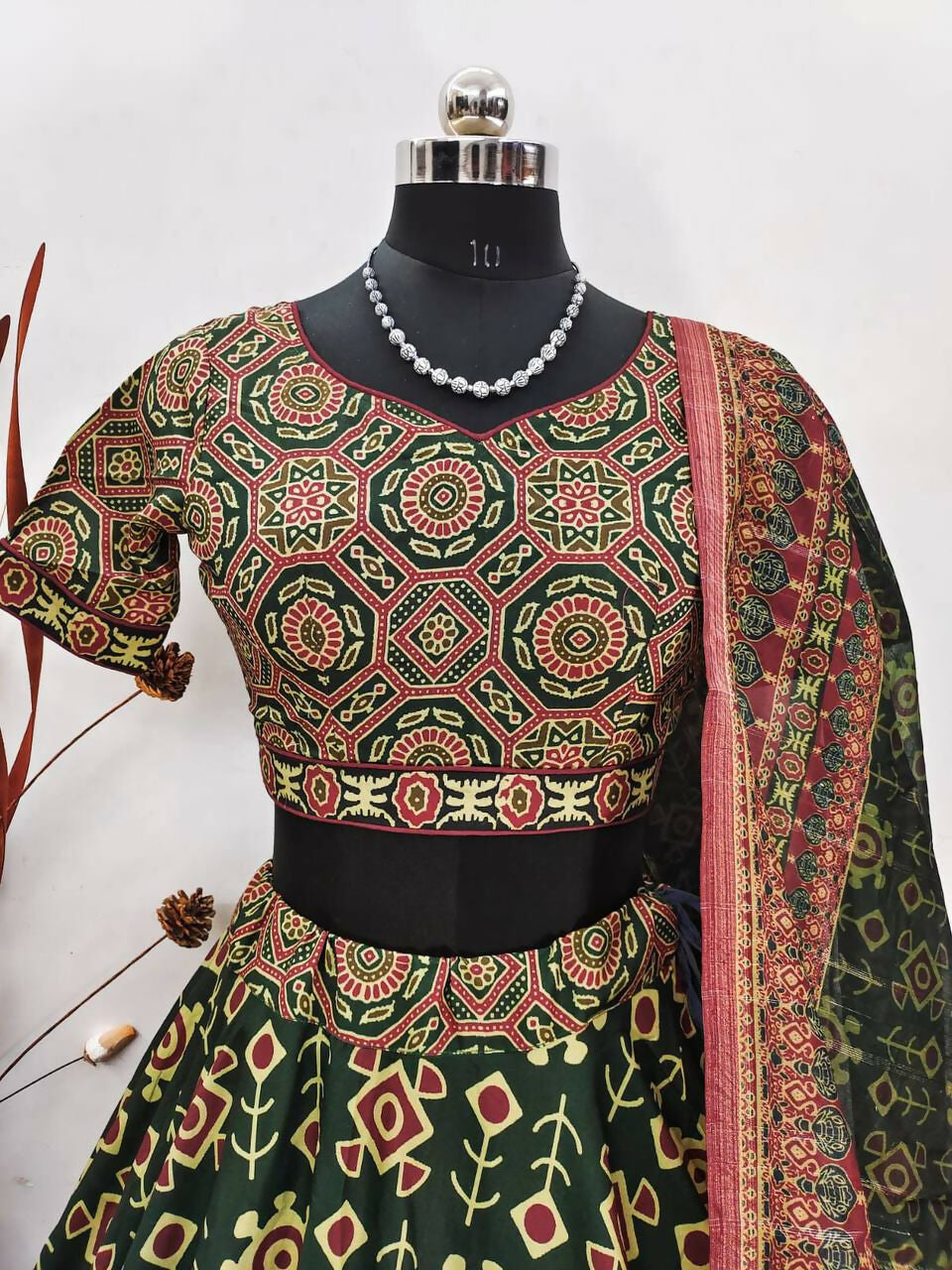 Preksha Creation Indian Navratri Special Cotton Women Lehenga Choli With print work and lucknowi print dupatta - Green - Distacart