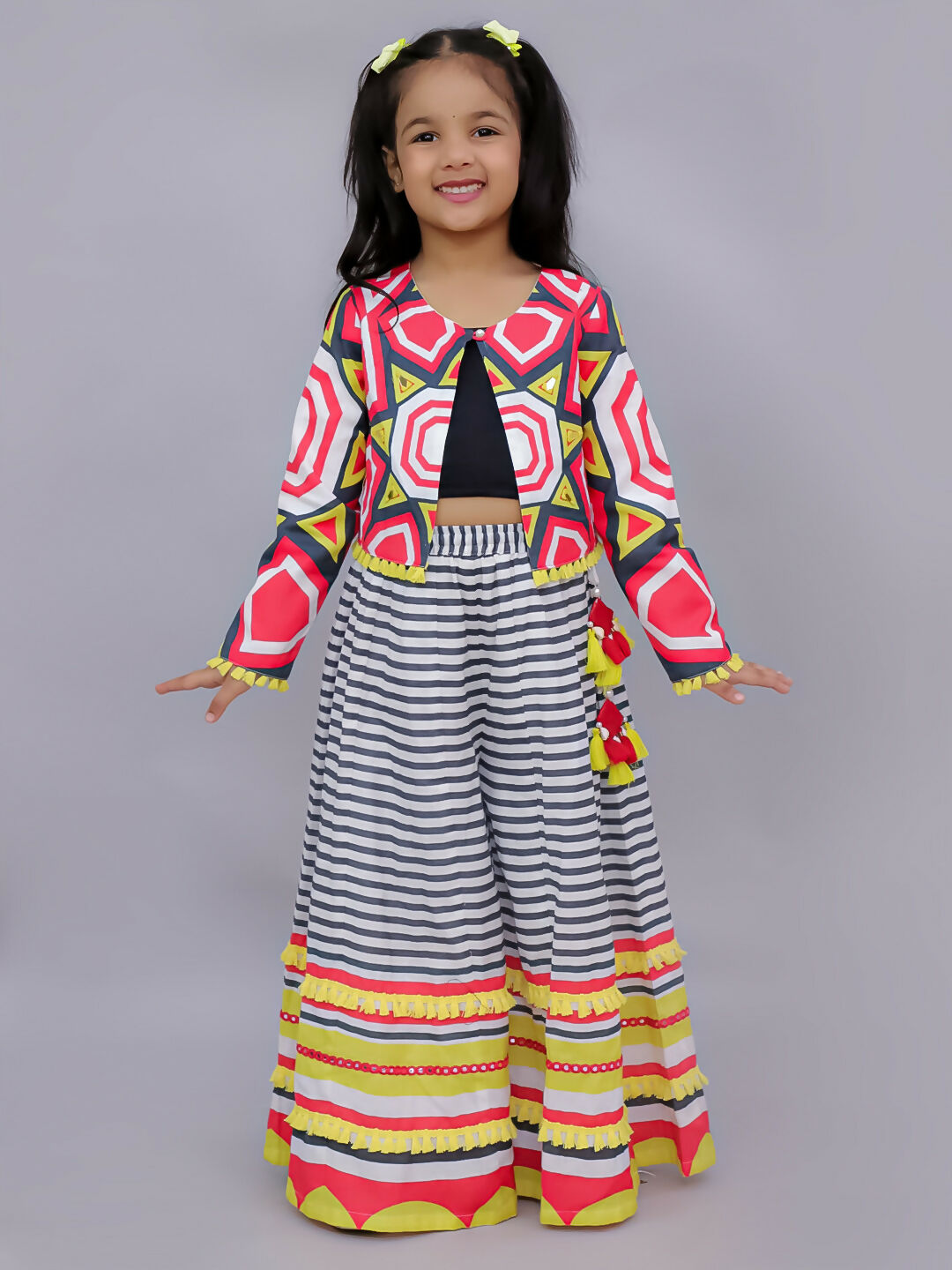 Lil Drama Shor-Gul Multicolor Top Pant with Jacket Set For Girls