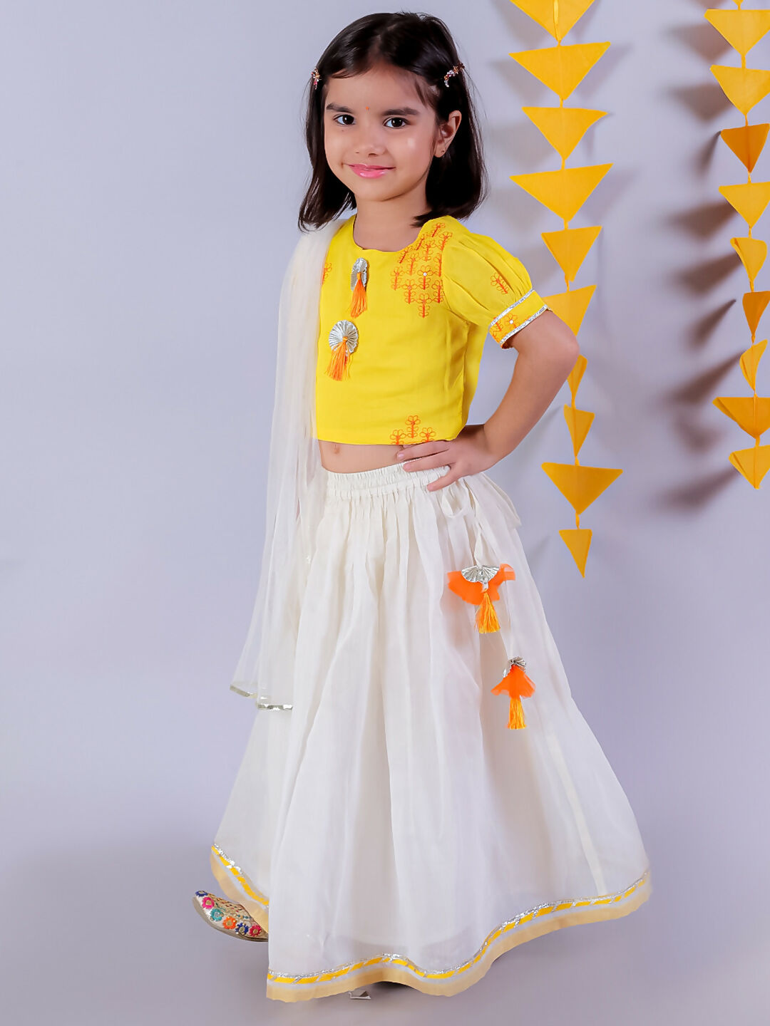 Lil Drama Festive Girls White Lehanga and Yellow Choli with Dupatta Ethnic Set - Distacart