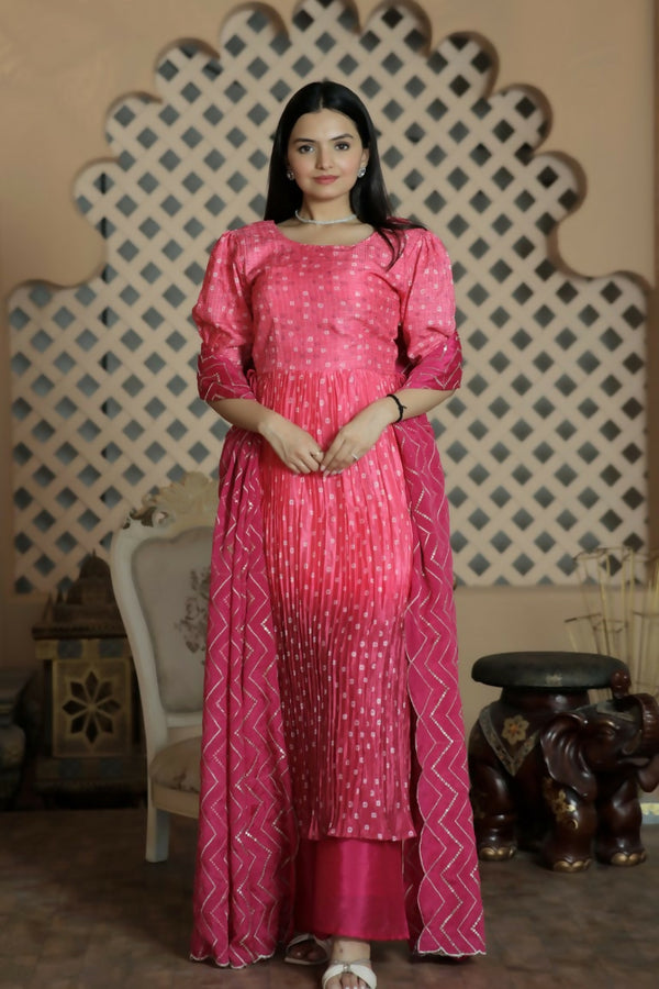 Jyoti Fashion Women's Pink Muslin Floral Print with Crush Pleating Kurta with Trouser & Dupatta - Distacart