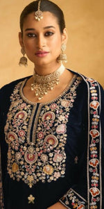 Thumbnail for Anaita Dark Blue Embroidered with Beads Velvet Stitched Plazo Suit - Distacart