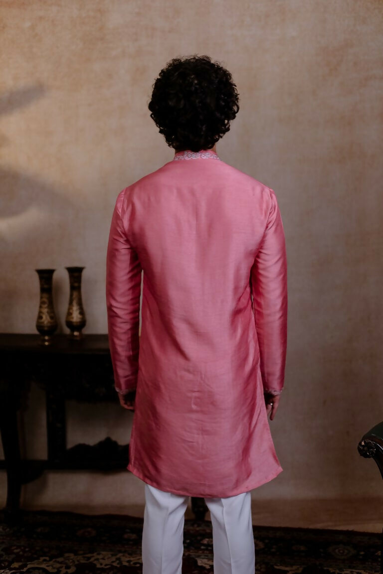 Falling Raw Silk Pink Prism Motif Kurta Set By Hilo Design