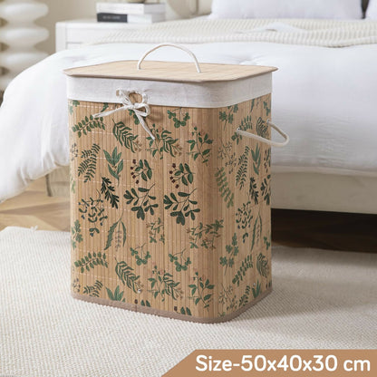 HOKIPO Eco-Friendly Foldable Bamboo Laundry Basket Hamper with Lid - Ficus Leaves - Dista