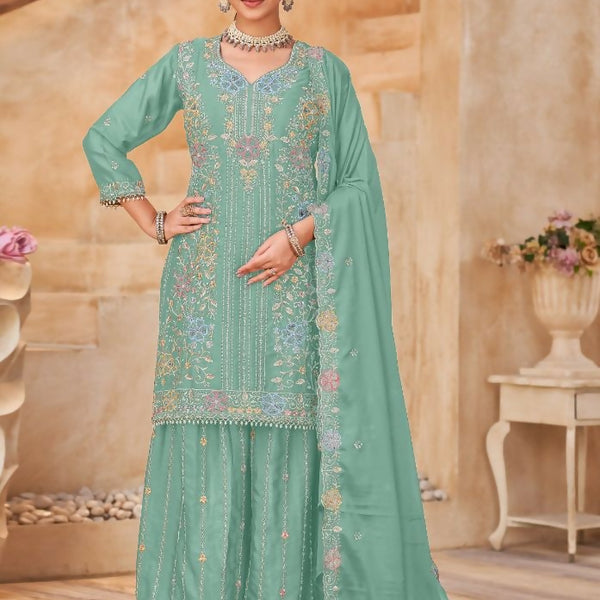 Anaita Sky Blue Vichitra Silk Readymade Palazzo Suit with Embroidery & Lace Work - Distacart
