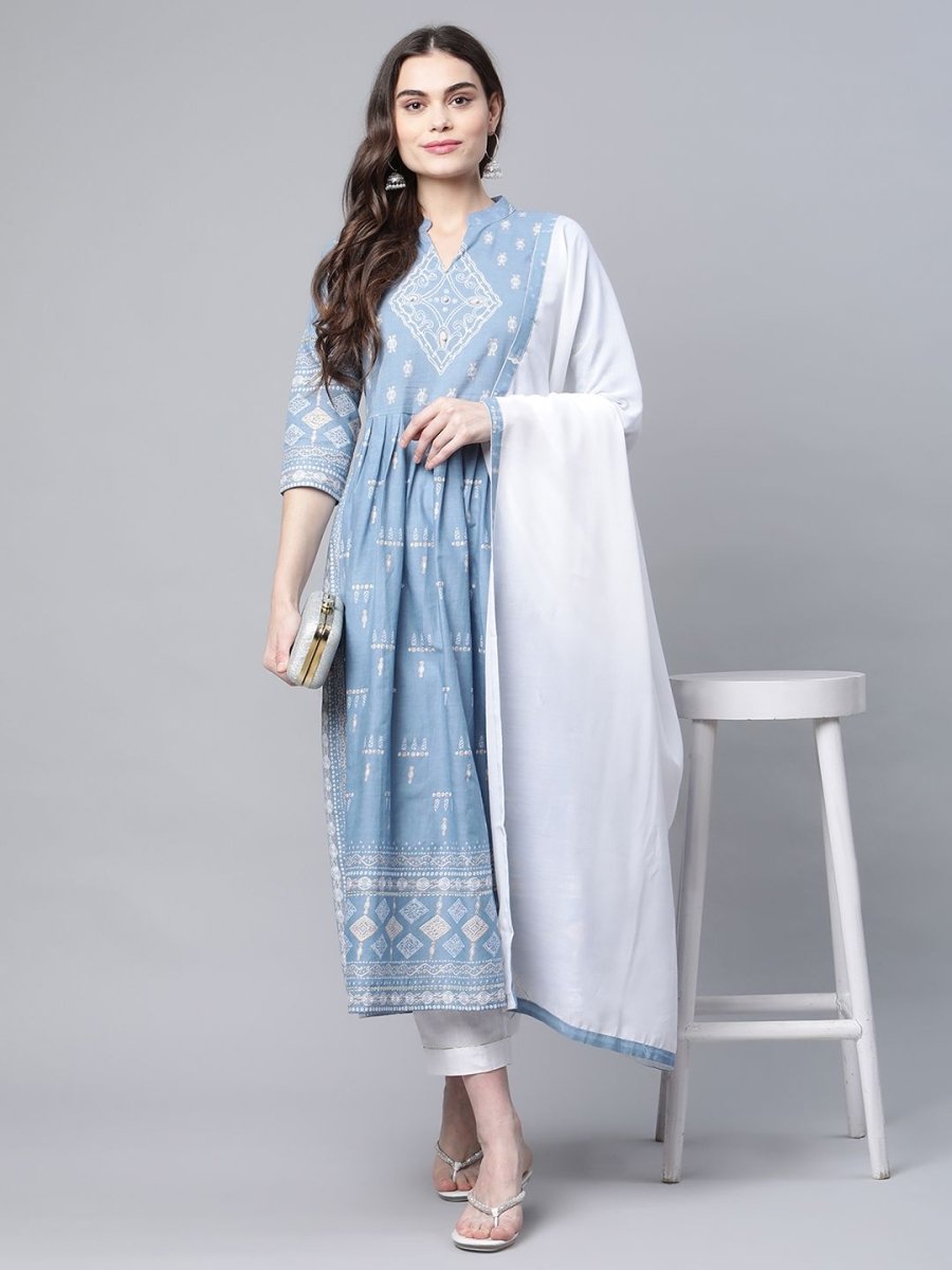 Ahalyaa Women Pastel Blue Pure Cotton Printed Kurta Pant Set With Dupatta