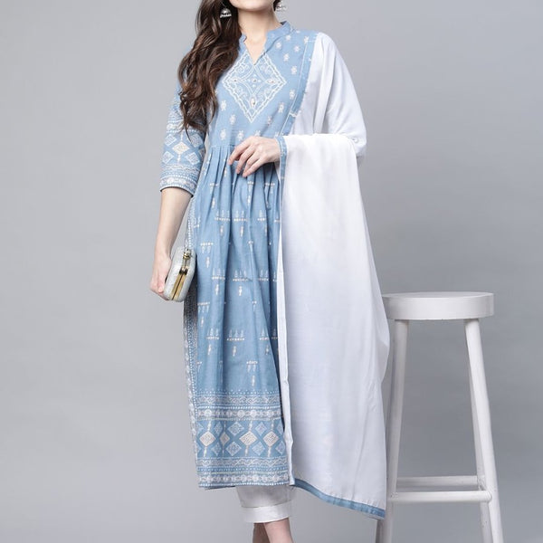 Ahalyaa Women Pastel Blue Pure Cotton Printed Kurta Pant Set With Dupatta