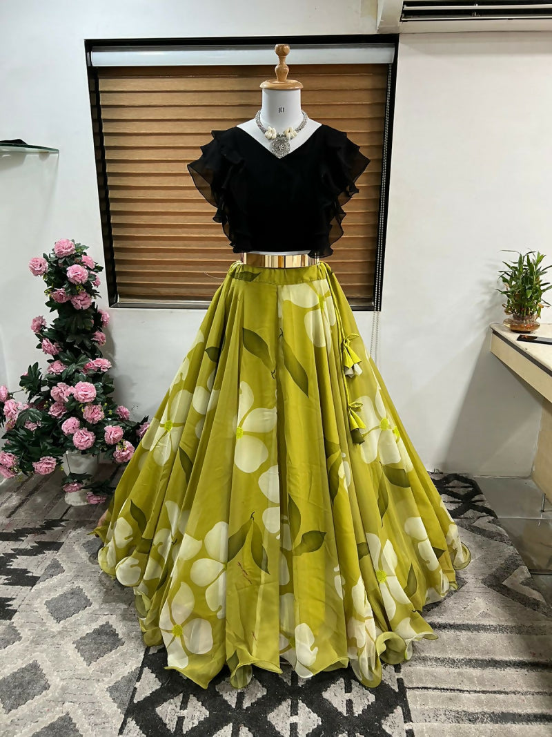 Dishitha Creation Floral Printed Stitched Lehenga & Crop Top - Black & Green - Distacart
