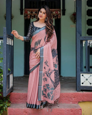 Preksha Creation Dusty Pink Wedding Linen Striking Face And Bird Prints Women Saree