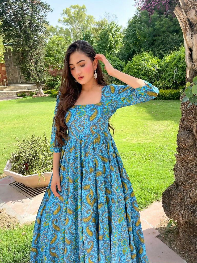 Jyoti Fashion Women's Turquoise Heavy Digital Printed Cotton Silk Anarkali Dress - Distacart