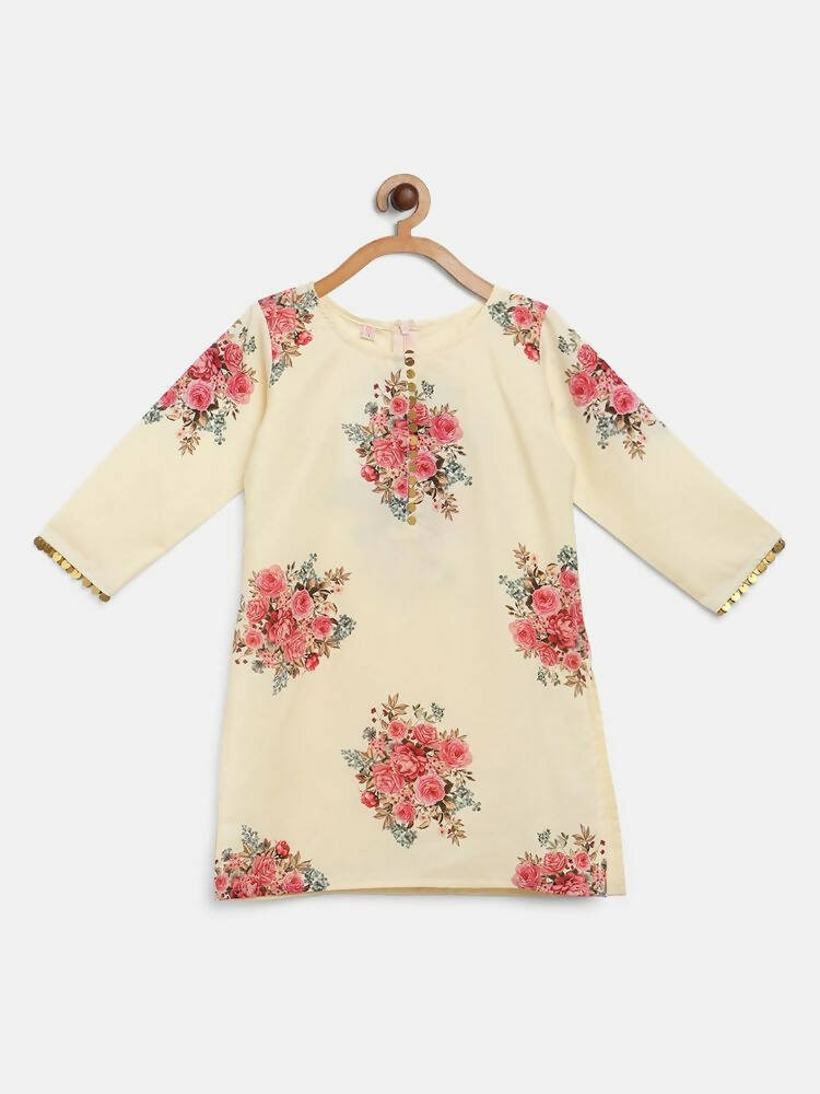 Ahalyaa Beige Crepe Floral Printed Kids Kurta Palazzo Set With Dupatta For Girls - Distacart