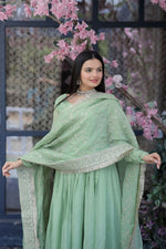 Thumbnail for Jyoti Fashion Women's Pista Tabby Silk Designer Kurta with Trouser & Dupatta - Distacart