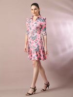 Thumbnail for Myshka Women's Pink Printed Shirt Collar Fit and Flare Party Dress - Distacart