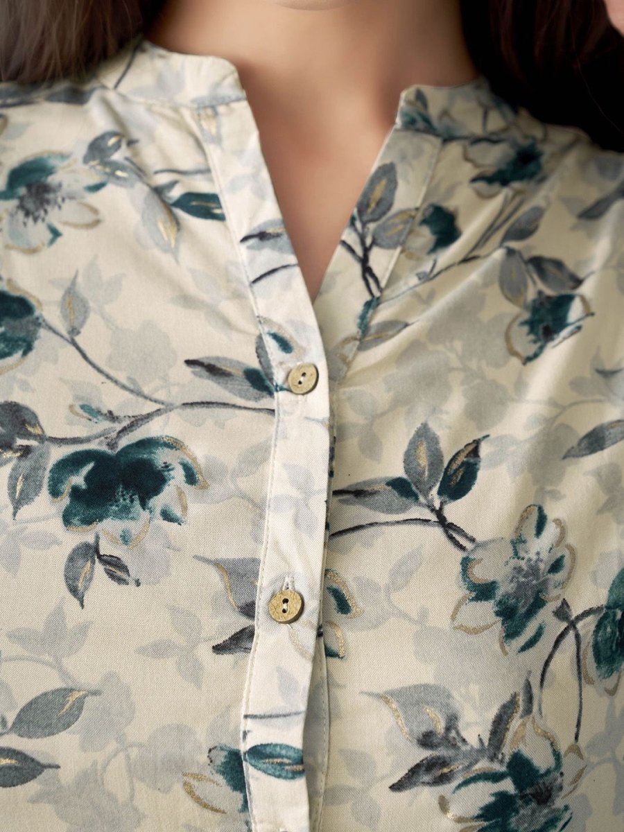 Anouk Off White & Teal Green Floral Printed Mandarin Collar Short Kurta - Distacart