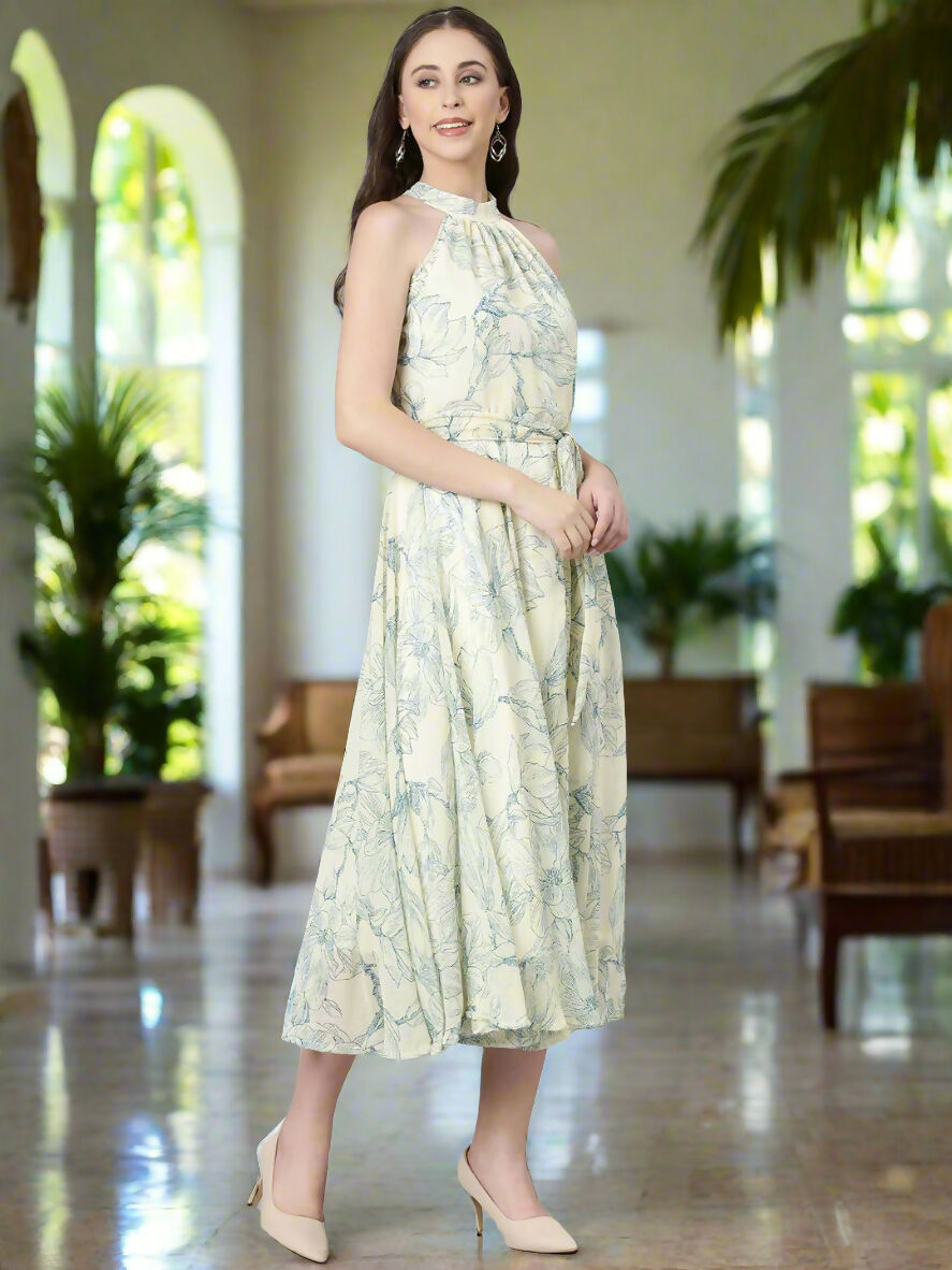 Souchii Cream & Blue Floral Chiffon Maxi Dress