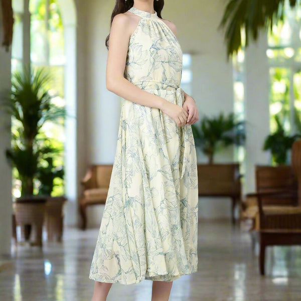 Souchii Cream & Blue Floral Chiffon Maxi Dress