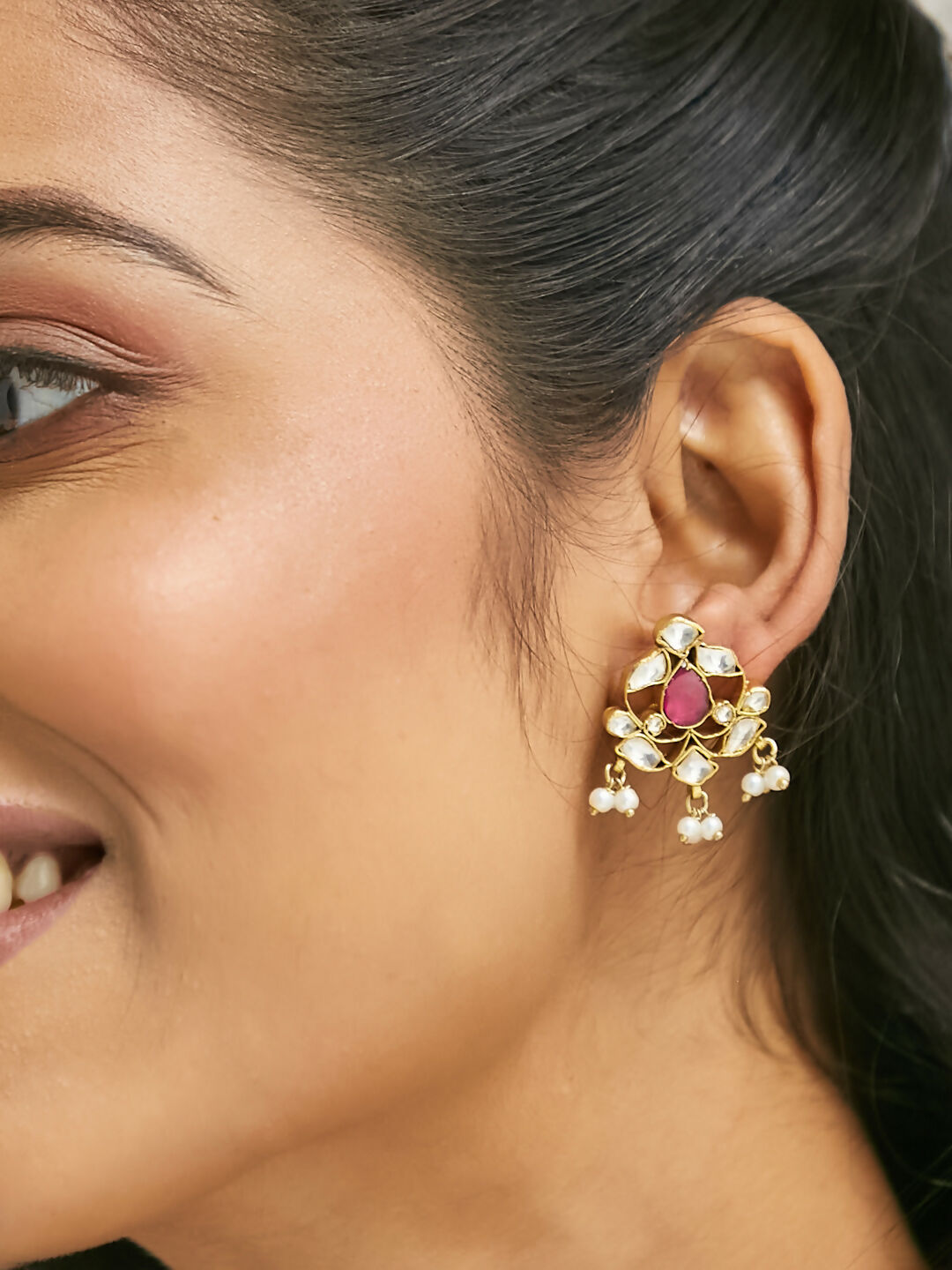 Nuyug 22K Gold-Plated Elegant Kundan & Ruby Stone Studded & Beaded Studs