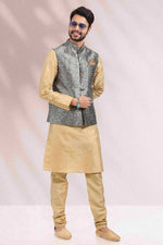 Thumbnail for Raivat Ethnic Jacquard Banarasi Silk Woven Work 3 Pics Jacket Set In Grey Colour - Distacart