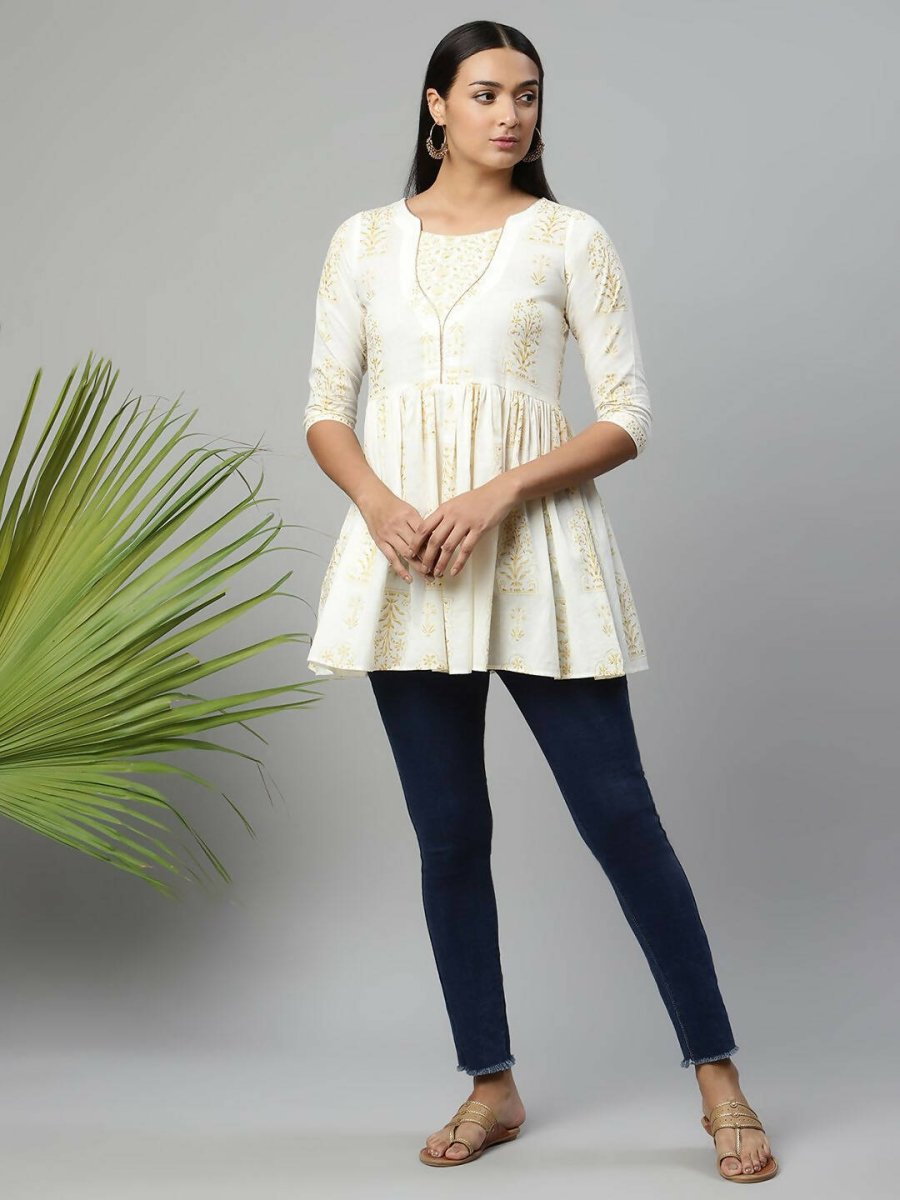 Ahalyaa Women Off White Beautiful Pure Cotton Printed Tunic - Distacart
