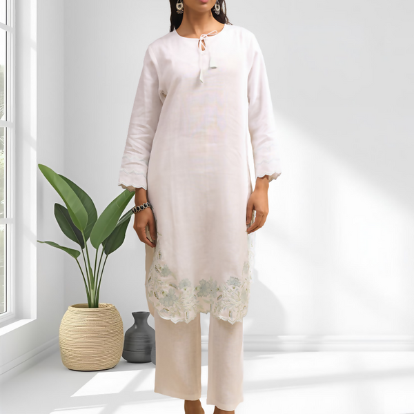 Joban Fashion Off White Linen Embroidered Readymade Cord Set - Distacart