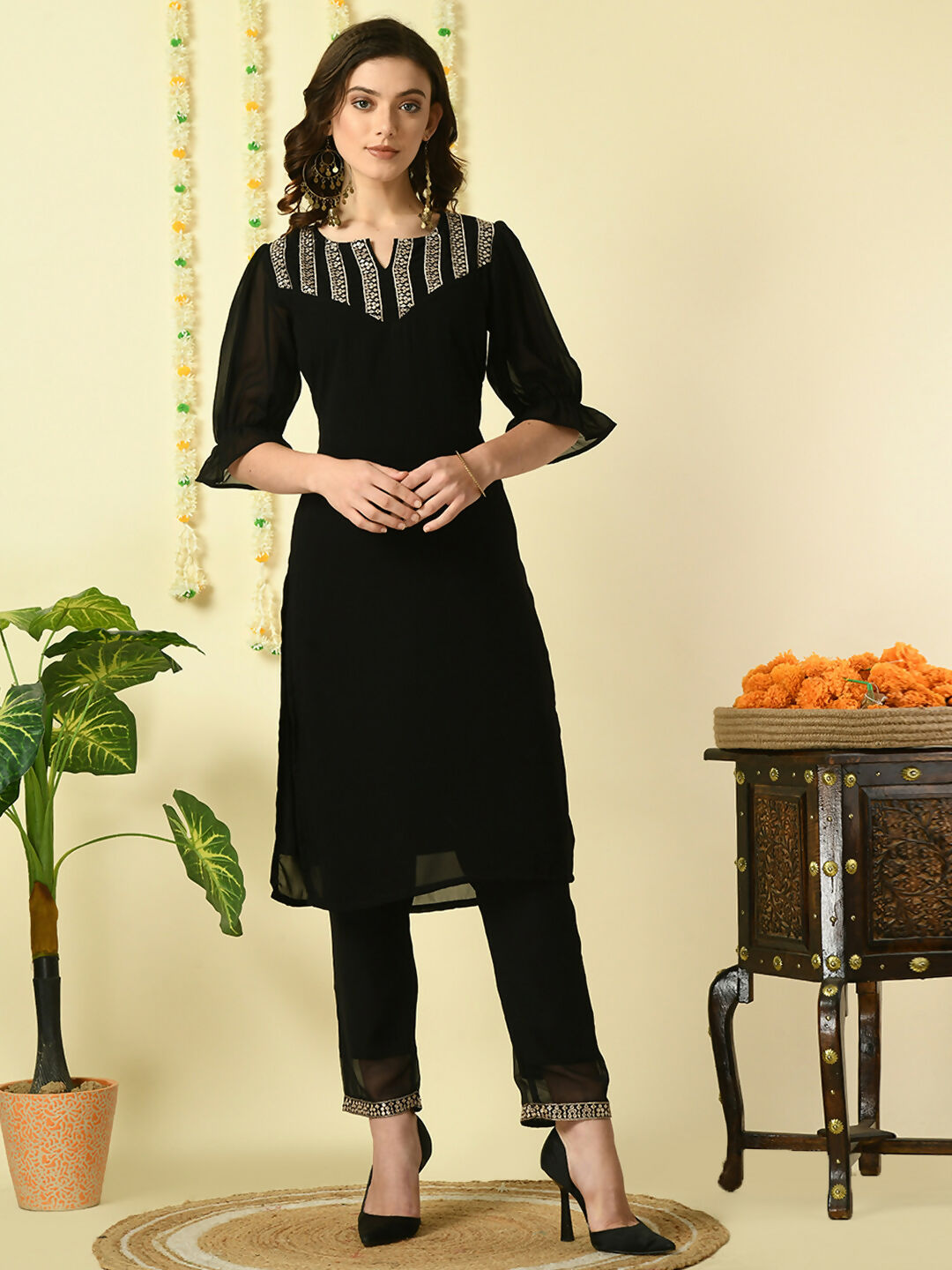 Myshka Women's Black Georgette Kurta With Trousers Party Sets - Distacart