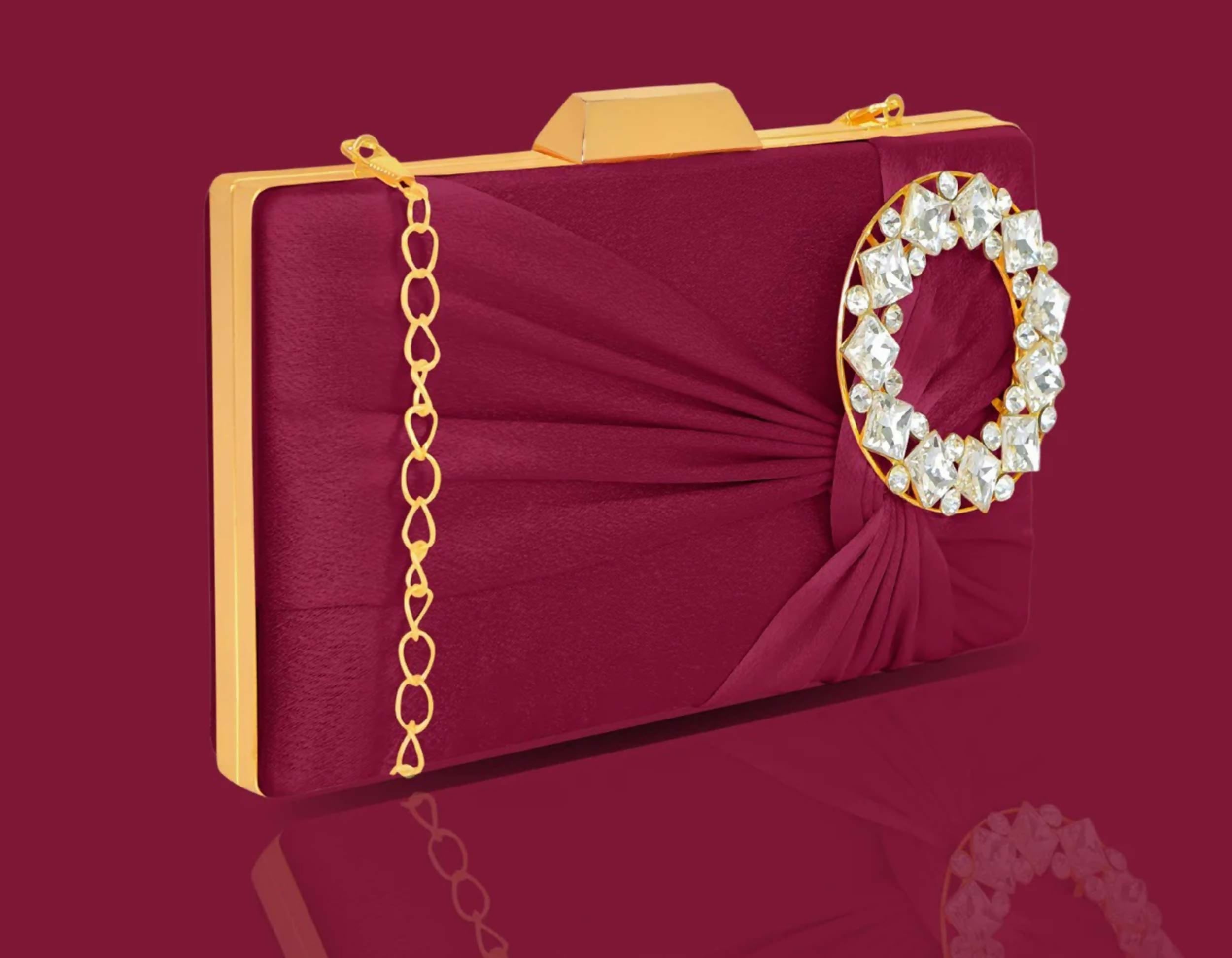 Joban Fashion Luxurious Satin Evening Clutch With Detachable Chain Strap - Red