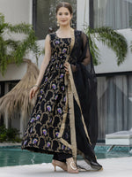 Thumbnail for The52 Black Women's Gorgeous Printed Muslin Fabric Flared Kurta Pant and Dupatta Set - Distacart