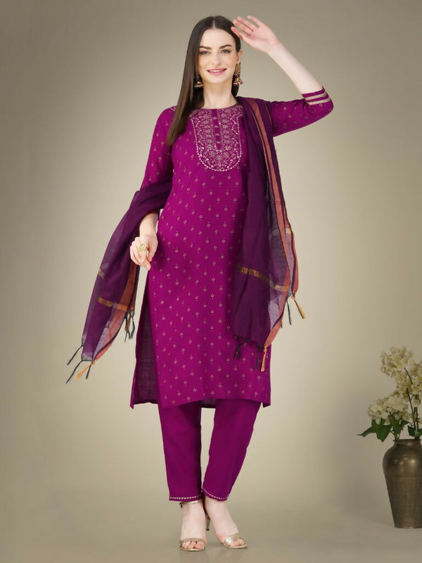 Jyoti Fashion Women's Purple Cotton Magic Slub Embroidery & Sequence work Kurta with Trouser & Dupatta - Distacart