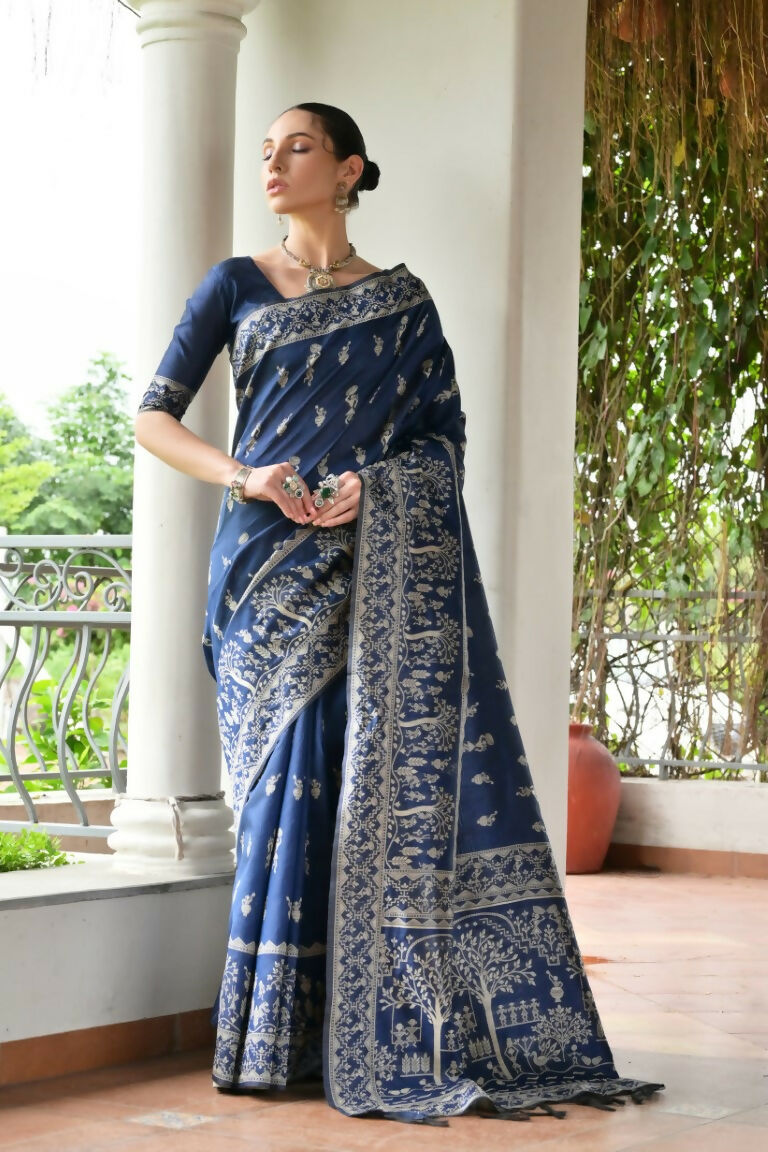 Vishnu Weaves Women's Blue Handloom Raw Silk Thread Weaving Saree with Blouse