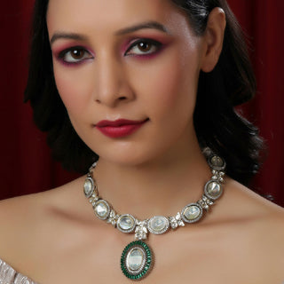 Gold and Silver Tone Neckpiece with Green Center Piece (Silver) - Ruby Raang - Distacart