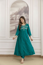 Thumbnail for The52 Rama Women's Beautiful Vichitra Silk Fabric Embroidered Work Flared Anarkali Pant and Dupatta Set - Distacart